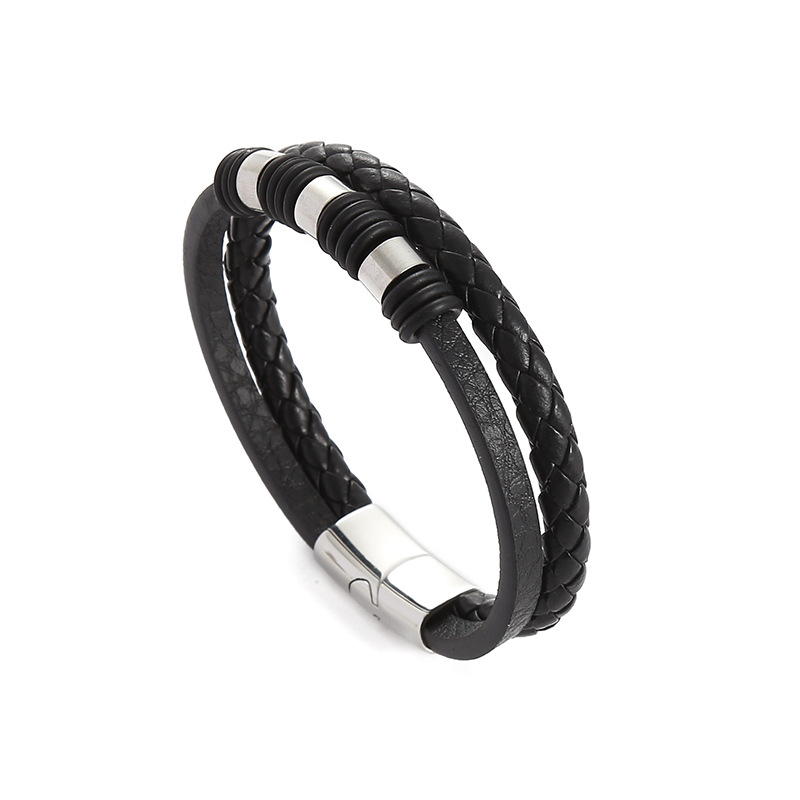 European and american men's stainless steel woven leather rope bracelet creative personality hipster temperament leather bracelet alloy magnetic buckle bracelet