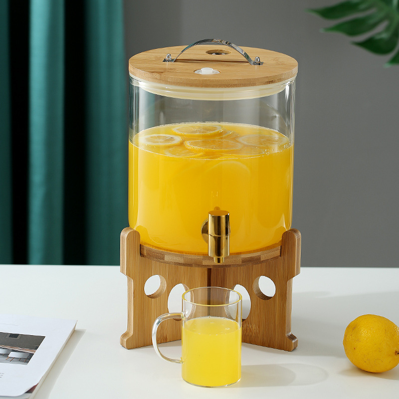 Gran capacidad de vidrio de borosilicato comercial de autoservicio de cola Cubo de jugo de limón hogar tanque de agua fría con grifo Cubo de vino