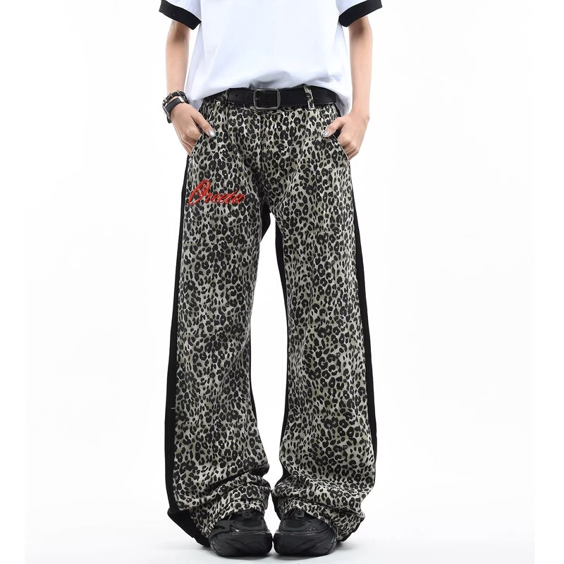 2026 Retro Dual-Leopard-Print Flared Design High-End Layered Visual Height-Enhancing Slimming Men's Jeans for Summer