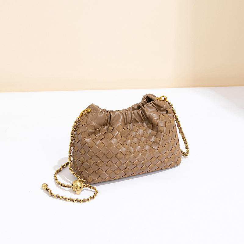 New Woven Cloud Bag With Gold Chain, Handmade Horizontal Shoulder & Crossbody Bag, Gold Ball Small Square Drawstring Pleated Bag - Thumbnail 2