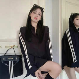 秋百搭运动衬衫短外套女宽松小众条纹修身设计感薄款休闲外穿上衣