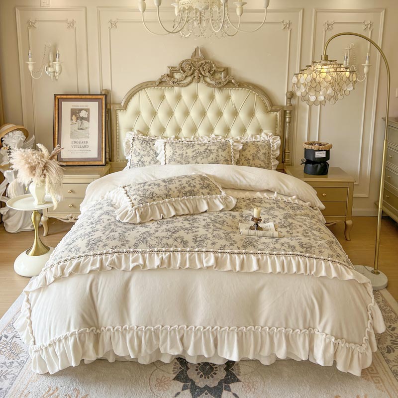 Nordic French Vintage Boho French-style Vintage Winter Thickened Milk Four-piece Set, Princess-style Double-sided Plush Lace Duvet Cover And Coral_voghion.com