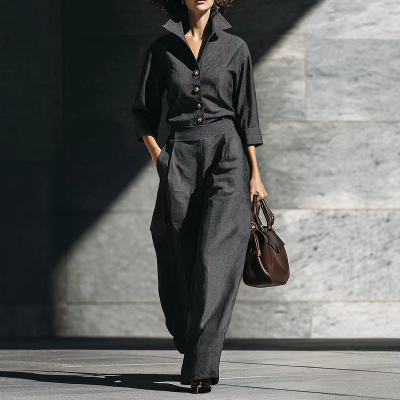 2026 Autumn New European and American Cross-Border High-End Fine Striped Shirt and Wide-Leg Pants Two-Piece Set
