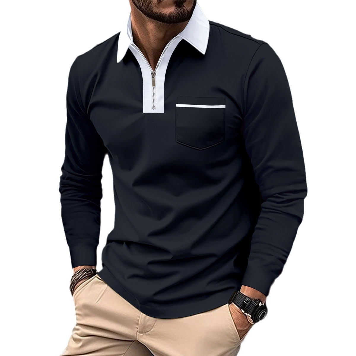 Men's Casual Solid New Long Sleeved Polo Shirt Autumn And Winter Lapel Zippered T-Shirt Top Golf Men's High-Quality Street Wear_voghion.com