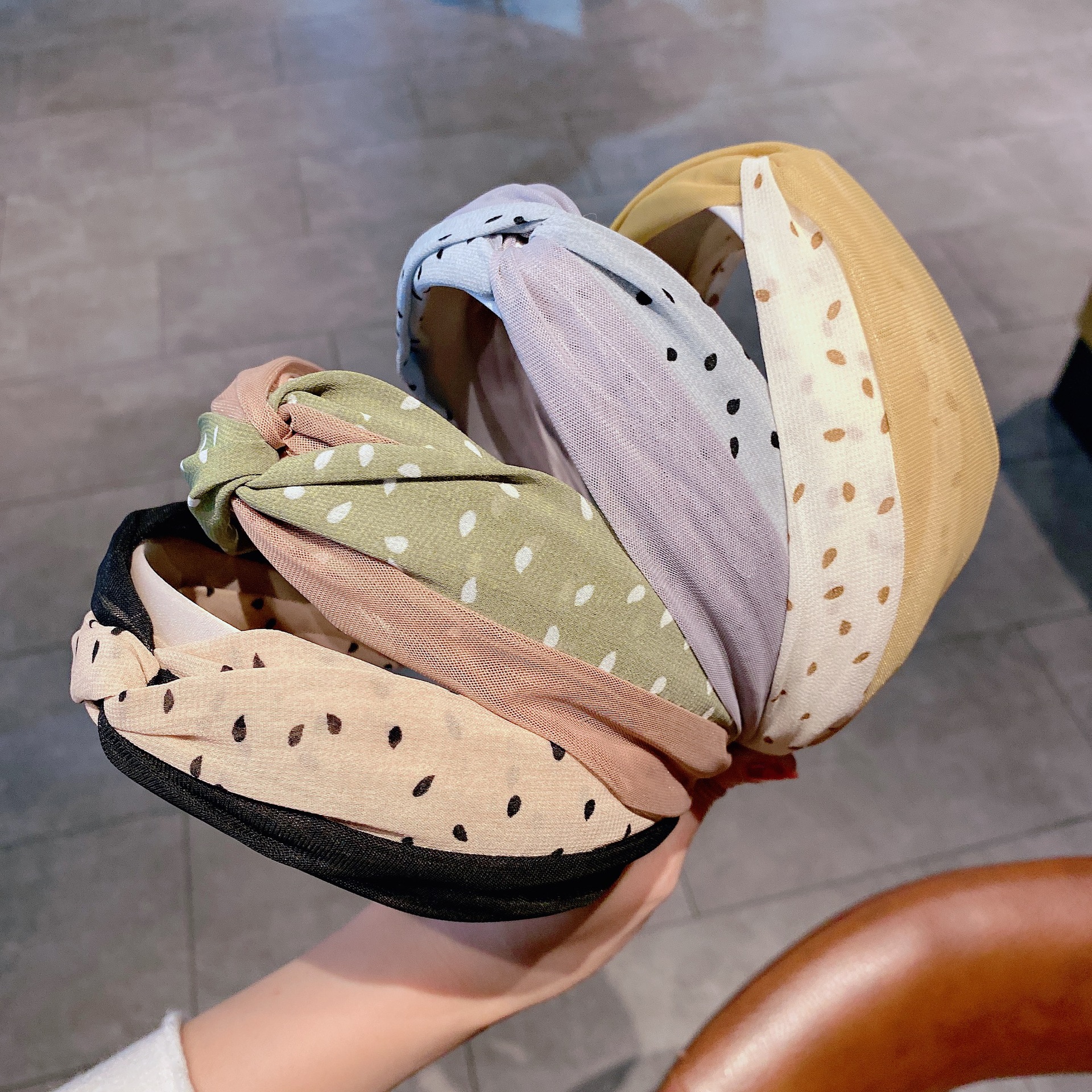 japanese and korean new simple hair accessories korean style lace mesh patchwork contrast color polka dot knotted cross wide edge headband for women