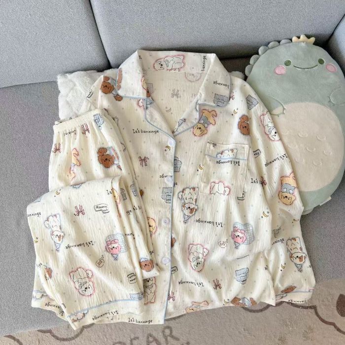 Al por mayor transfronterizo primavera y otoño dulce dibujos animados nubes de algodón pantalones de manga larga pijamas cardigans con solapa cubierta de ropa para el hogar