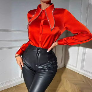 Fashion rhinestone collar plus size long sleeve shirt