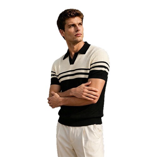 Retro style men's contrasting color stripe stitching knitted short-sleeved POLO shirt comfortable breathable summer men's Polo shirt trend