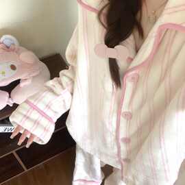 冬季甜美粉色条纹珊瑚绒睡衣女款2025秋冬新款加绒加厚家居服外穿