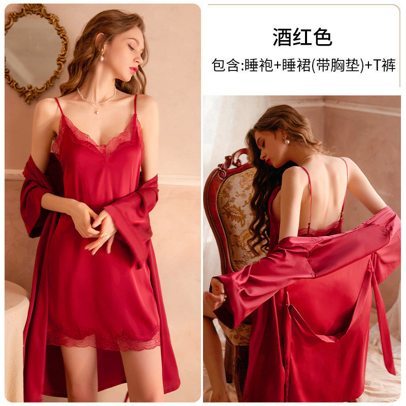 Burgundy: including suspender skirt + robe [silk style with padding]