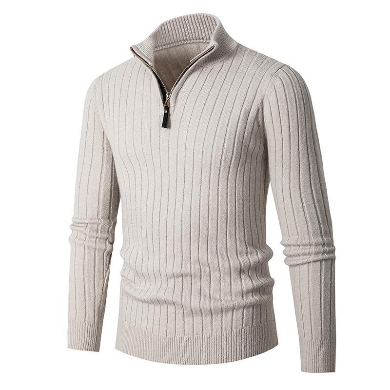 Maglione maglione lavorato a maglia da uomo di mezza età e giovane con mezza cerniera Maglione con fondo a righe verticali di tendenza europea_voghion.com