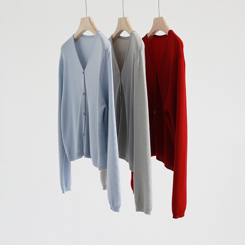 Early Spring New V-neck Knitted Cardigan Women's Long-sleeved Single-breasted Thin Wool Blended Knitted Top