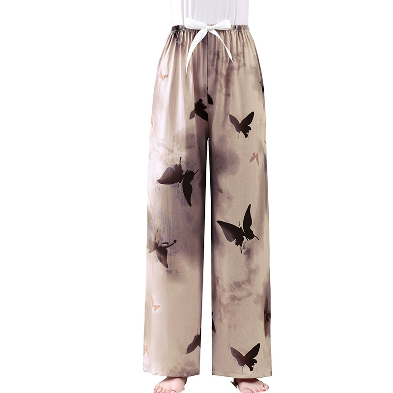 Женские брюки среднего возраста свободные мамочки повседневные брюки широкие брюки бабочки чернила ледяной шелк тонкий летний национальный ветер принт брюки