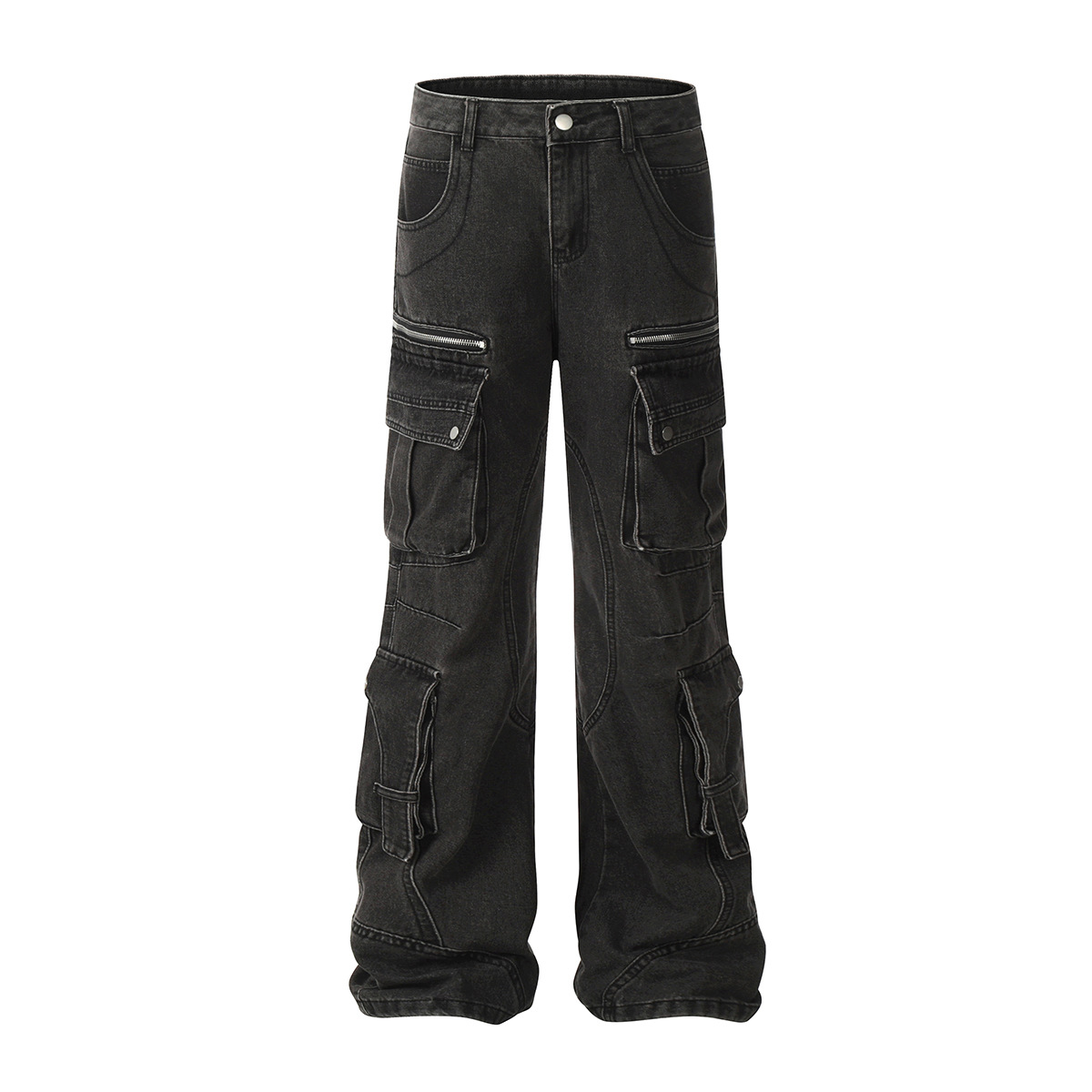 Vêtements pour hommes 2025 Nouveau jean de travail multi-poches délavé américain Style couple Pantalon légèrement évasé pour hommes et femmes_voghion.com