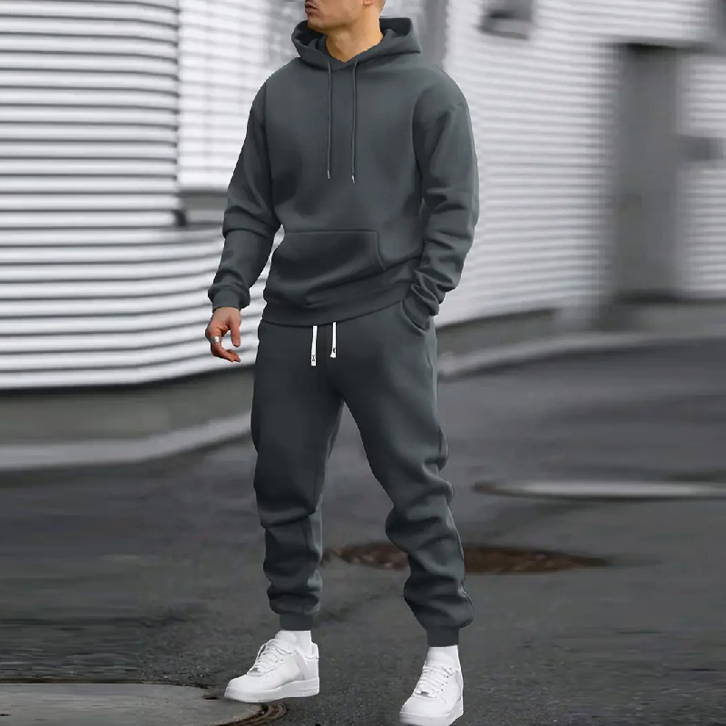 Spring and Autumn Men's Casual Sports Suit Solid Color Hoodie and Waist Pants