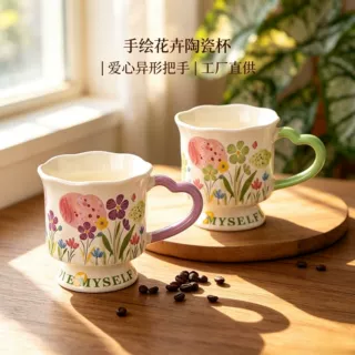 高颜值花卉陶瓷马克杯小众设计感陶瓷喝水杯送女生生日礼物伴手礼