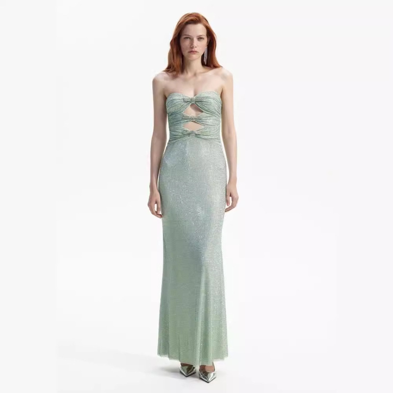 Fashionable backless off-shoulder tube-length openwork bow tight-fitting floor-length dress evening gown