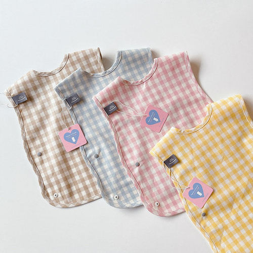 ins Korean baby eating sleeveless bib waterproof anti-dirty artifact infant plaid saliva towel bib