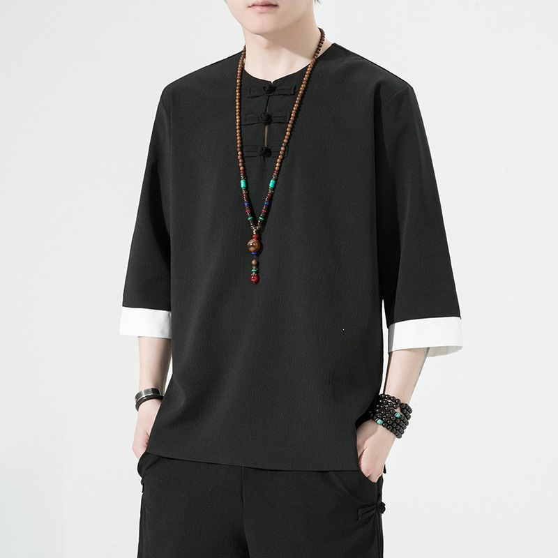2026 Spring/Summer New Chinese Style Large Size Song Dynasty Style Color-Block Ready Stock Ice Silk T-Shirt Men's Casual Improved Hanfu 2026 Spring/Summer New Chinese Style Large Size Song Dynasty Style Color-Block Ready Stock Ice Silk T-Shirt Men's Casual Improved Hanfu