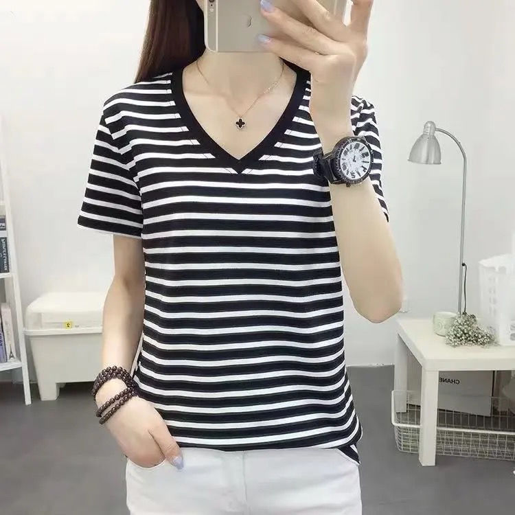 180g Double-Grind Milk Silk Short-Sleeve T-Shirt, New Summer Women's Striped Top, Versatile Loose Base Shirt for Outerwear