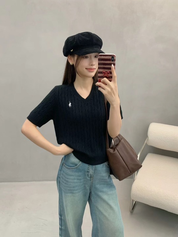 春秋小马刺绣短袖V领针织衫女经典麻花毛衣时尚休闲通勤显瘦上衣|undefined