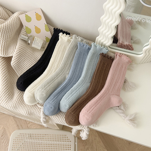 木耳边袜子女中筒袜秋冬季加厚保暖羊毛袜可爱花边简约纯色堆堆袜