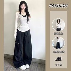 三件套女2025秋季纯欲风辣妹防晒长袖罩衫上衣吊带背心高腰阔腿裤