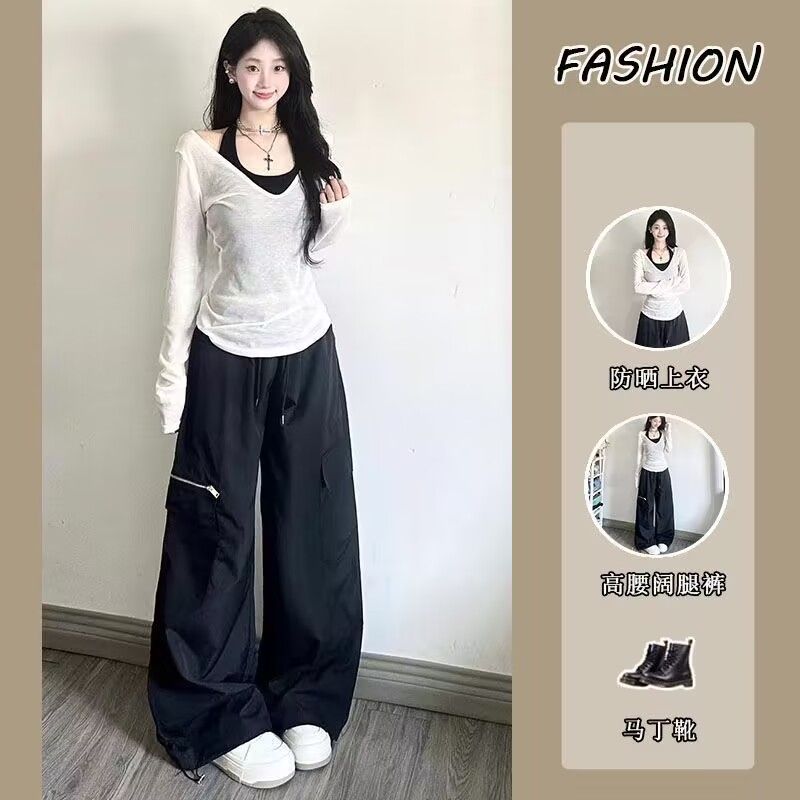 三件套女2025秋季纯欲风辣妹防晒长袖罩衫上衣吊带背心高腰阔腿裤|undefined