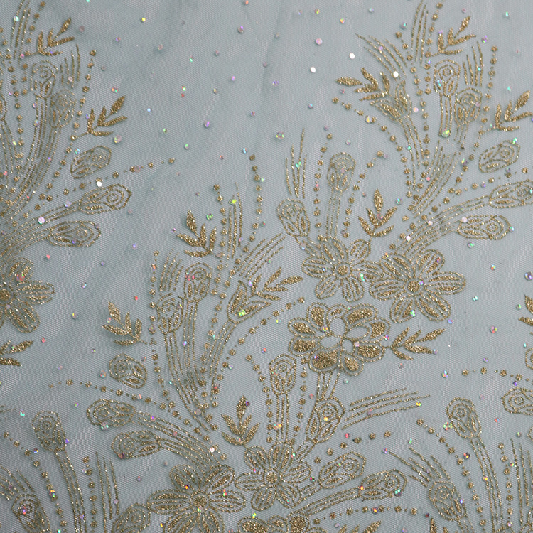Nuevo posicionamiento flor doble polvo láser sequinilla pulverizado oro malla tela de rendimiento de ropa infantil estilo chino tela de ropa