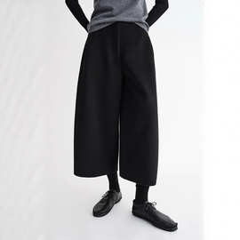 TH～ROW   小众极简休闲羊毛羊绒双面呢阔腿裤立裁弧形休闲8分裤