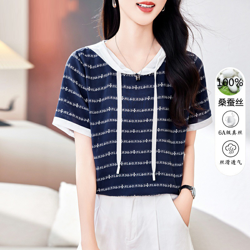 Fashion Versatile Elegant Double Crepe Top Women's Short Sleeve 2025 Summer New Mulberry Silk T-Shirt Slimming Hooded Blouse
