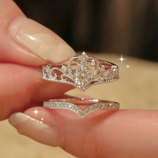 Cross-border Hot Crown Princess Diamond Ring Wedding Ring Opening Ring suit 2-piece Ins Style Simple Finger Ring