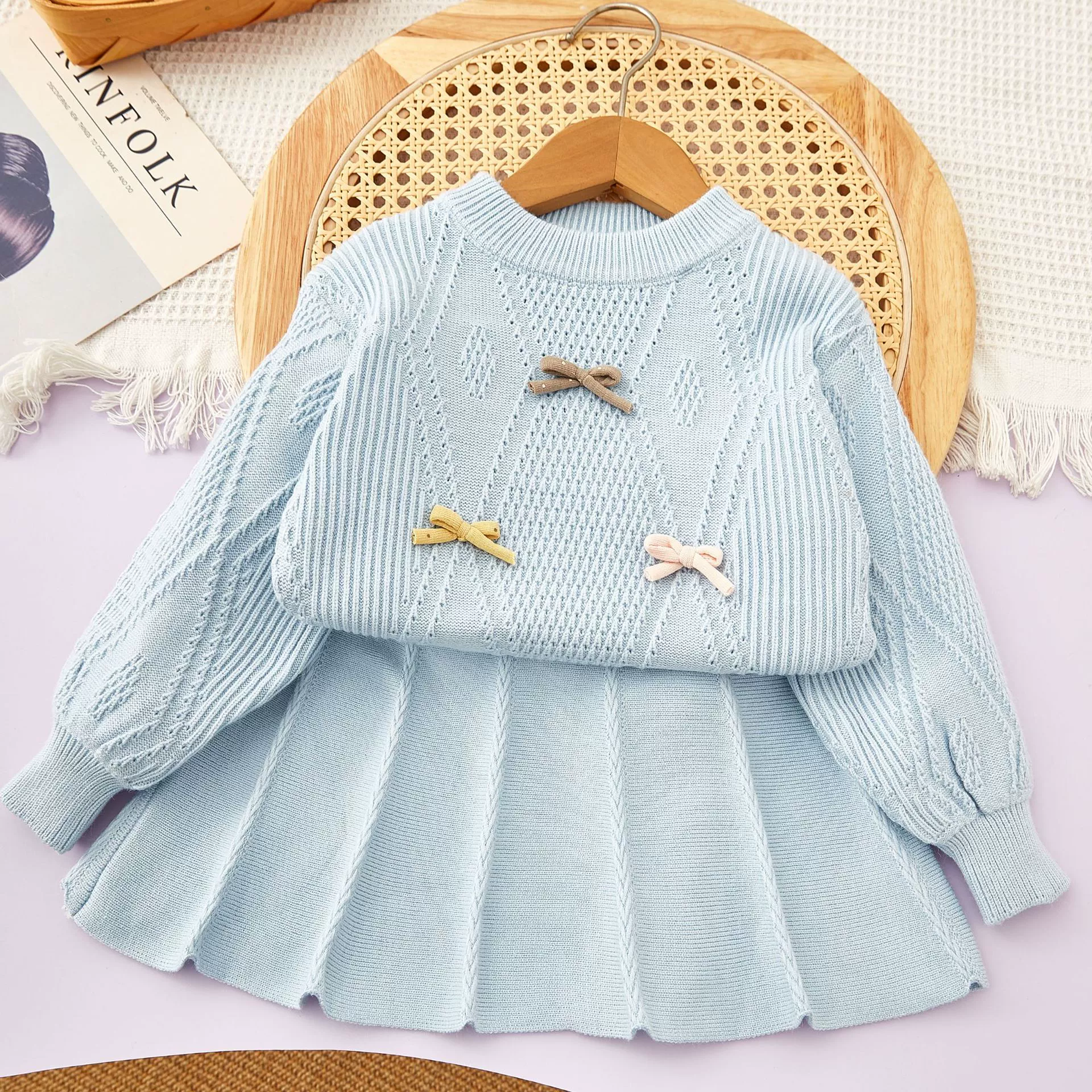 Autumn sweater with bow, knitted long-sleeve, set