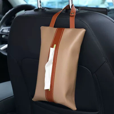 Creative Hanging High-End Car Tissue Bag In-Car Leather Tissue Box Bathroom Toilet Wall-Mounted Tissue Bag (Car tissue box/set) - camel-leather-style