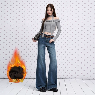 跨境复古蓝高腰弹力加绒加厚牛仔裤女2026年秋冬新款显瘦保暖喇叭