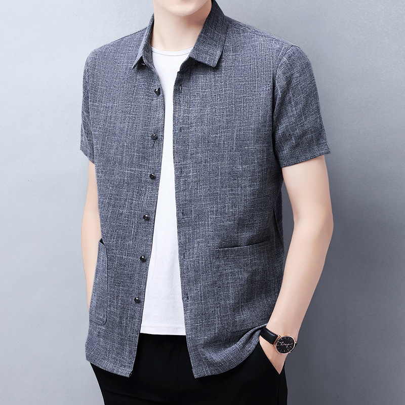 Thin Summer Cotton and Linen Short-Sleeved Shirt for Men, Loose Casual Multi-Pocket Casual Shirt for Middle-Aged Dads