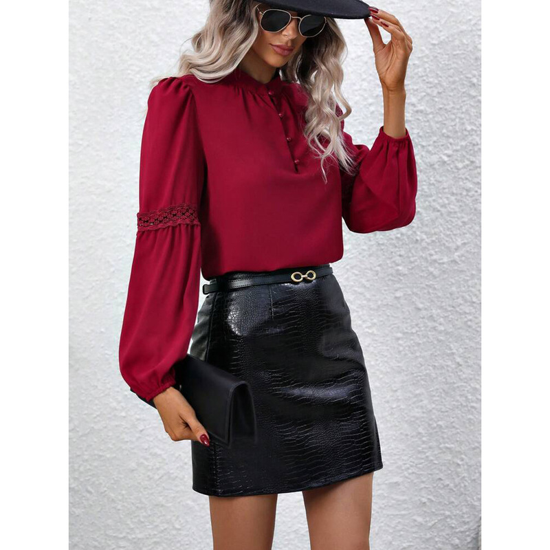 2023 cross-border Amazon French convex lace insert lantern sleeve half button shirt fashionable elegant style 2023 cross-border Amazon French convex lace insert lantern sleeve half button shirt fashionable elegant style