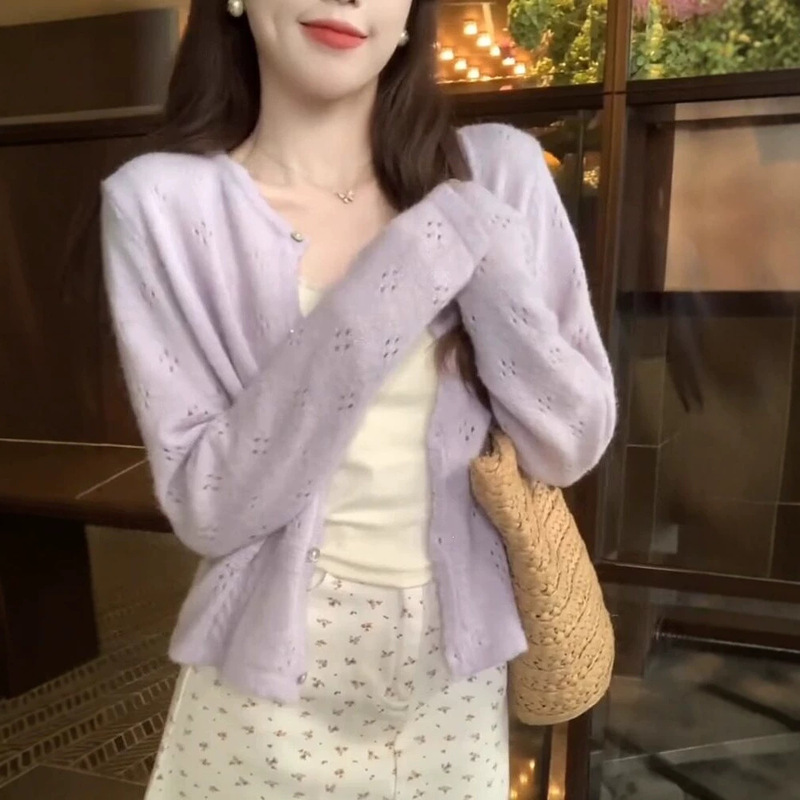 Sweet girl hollow-out knit cardigan in purple for women, suitable for autumn and summer, Korean-style gentle look, light purple top for petite figures