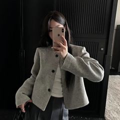 春秋新款复古圆领单排扣上衣女条纹宽松小香风
