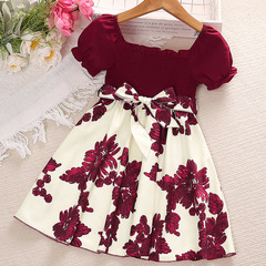 Spring and Summer Girls' Children's Clothing Square Collar Printed Puff Sleeve Princess Dress High-End Style Short-Sleeved Kids' Dress