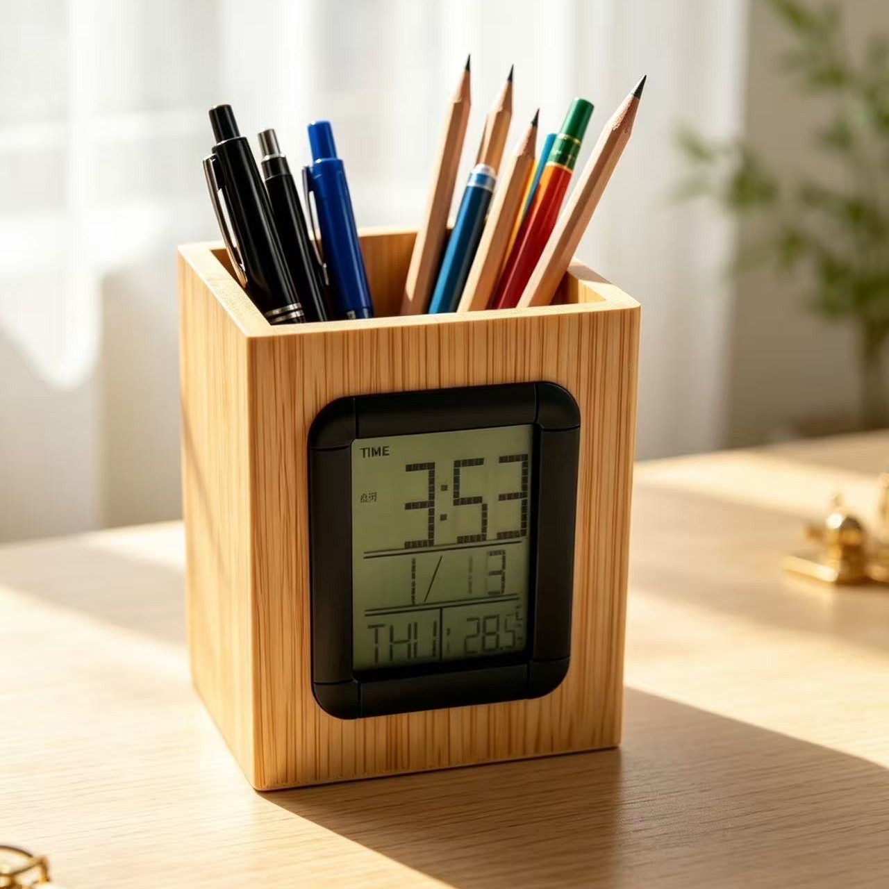 Todo bambú y madera lápiz reloj multifuncional temperatura y humedad despertador adornos en vivo comercio exterior suministro transfronterizo regalos al por mayor image 3