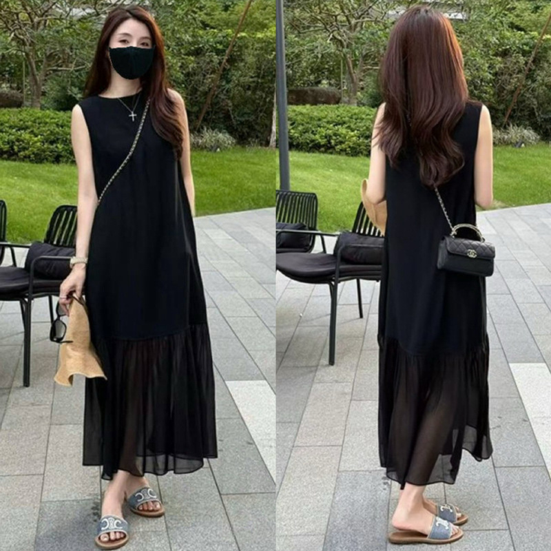 European High-End Mesh Splicing Black Sleeveless Dress for Women Summer Hepburn Style Elegant and Exquisite Vest Long Skirt