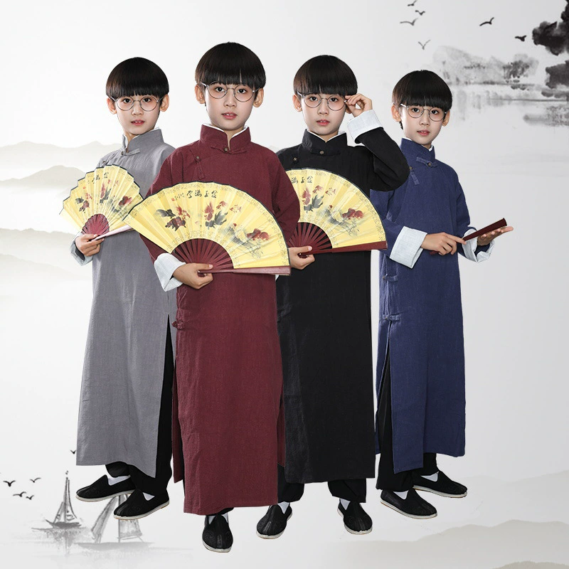 Детский костюм с перекрестными помехами, длинная рубашка, длинное платье в китайском стиле, льняной костюм Ma Gua Allegro для фотографий для мальчиков и девочек