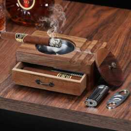 木质雪茄烟灰缸办公室家居雪茄收纳一体式烟灰缸便携式木质雪茄盒