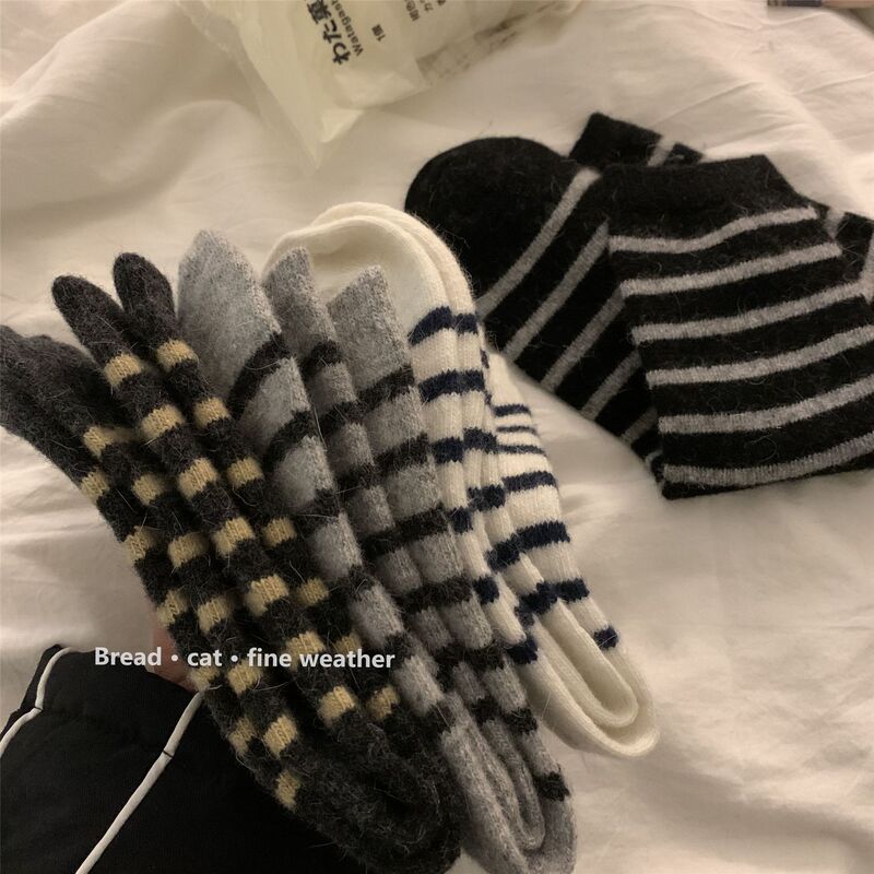 Thickened Rabbit Wool Socks Women's ins Trendy Autumn and Winter Korean-style Japanese-style Striped Plush Mid-piled Socks for Warm Keeping Thickened Rabbit Wool Socks Women's ins Trendy Autumn and Winter Korean-style Japanese-style Striped Plush Mid-piled Socks for Warm Keeping