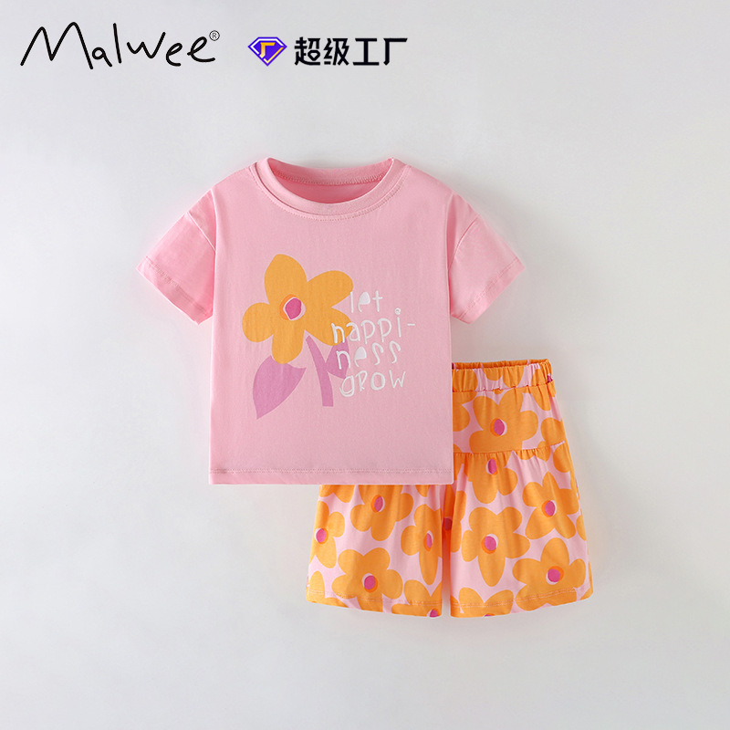 Traje de camiseta de niña malwee transfronterizo nuevo estilo de verano ropa de hogar para niños pequeños y medianos europeos y americanos lindo traje de dos piezas para niños