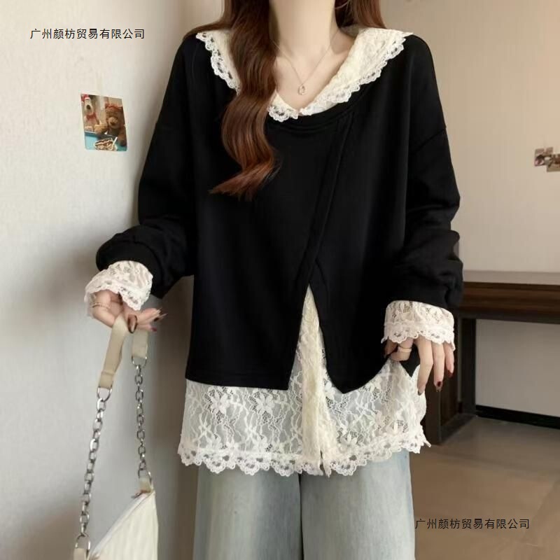 Plus Size Women's Spring and Autumn New Fake Two-Piece Lace Patchwork Sweatshirt with a Hood, Loose Fit, Flattering, Fashionable, and Age-Reducing Top