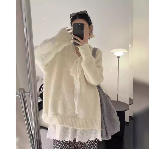 YUNSHU韩版设计感蕾丝飘带软糯套头毛衣女秋冬宽松慵懒风针织衫