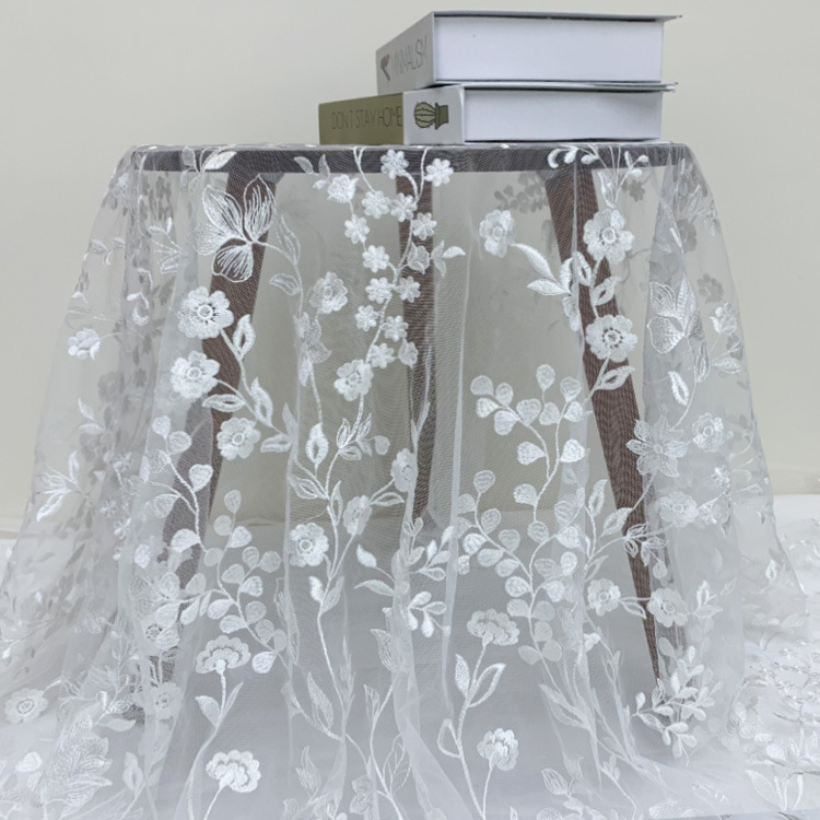 Tela de encaje blanco bordado, para vestido de novia o noche, DIY