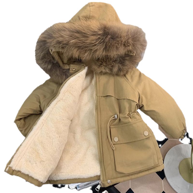 Chaqueta acolchada de algodón para niñas 2024 Winter New mid-length warm windproof warm thickened fleece-fored Cotton-padded jacket parka